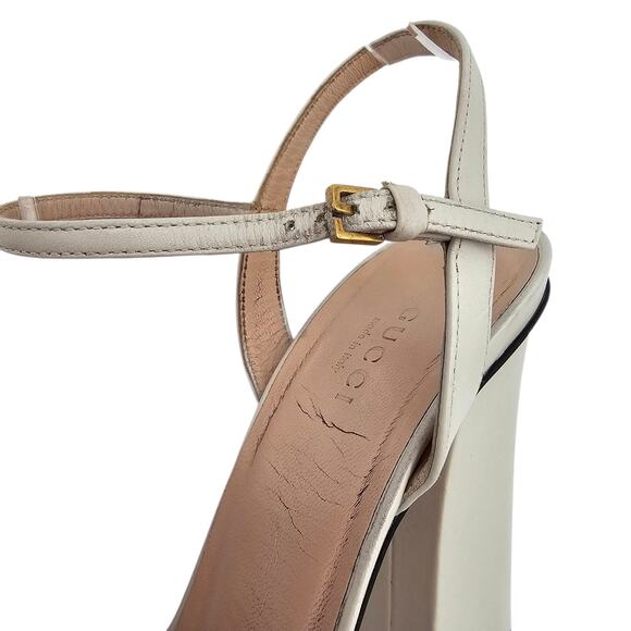 Gucci GG Logo Marmont Block High Heel Sandal White Leather Gold Size 38.5 US 8.5 - Picture 7 of 11